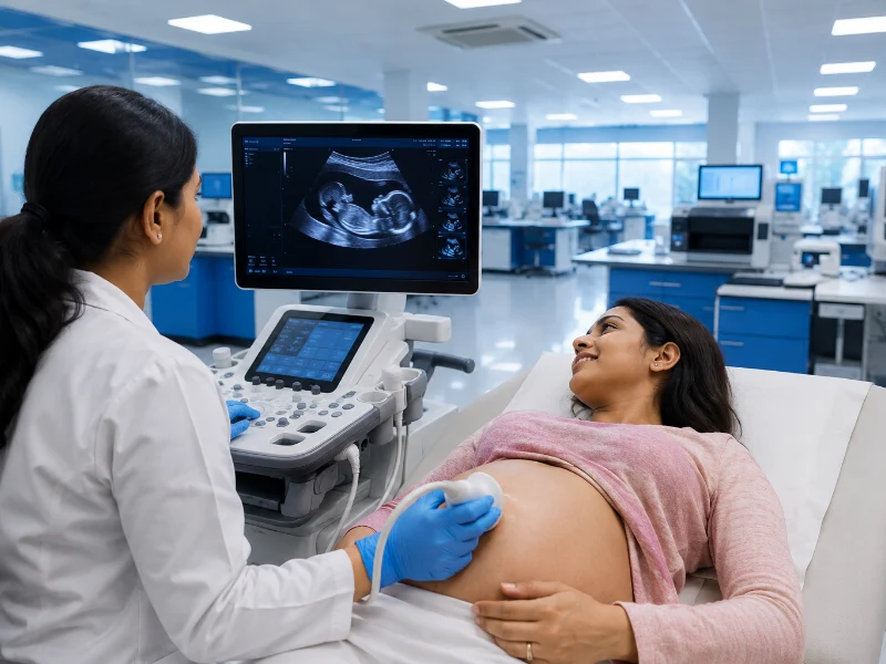Advanced high-resolution pregnancy ultrasound workstation performing a high-precision fetal growth scan to evaluate late-pregnancy baby weight and blood flow paths